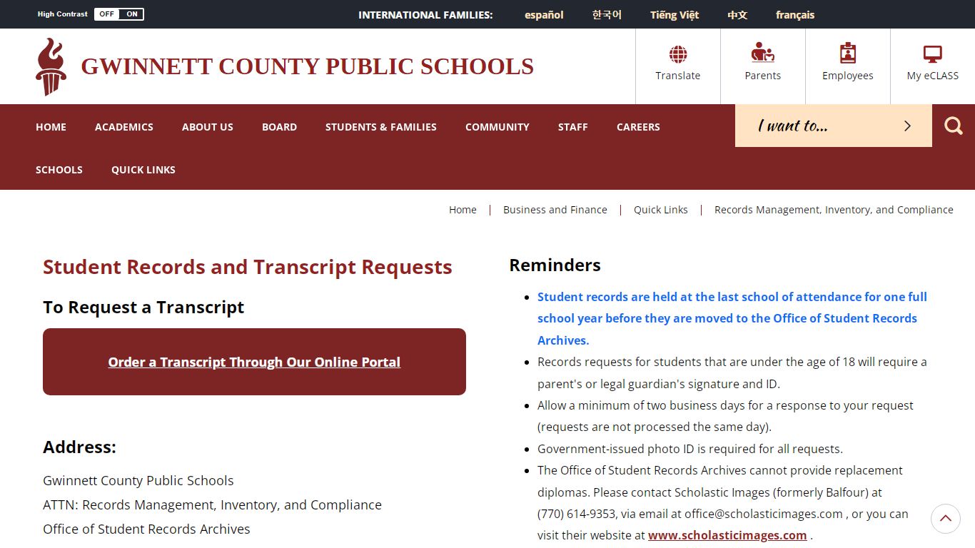 Quick Links / Student Records and Transcript Requests